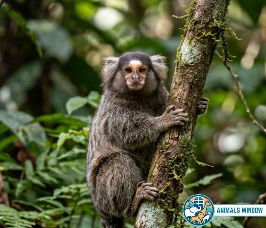 Roosmalen’s Dwarf Marmoset climbing a tree trunk - Small monkey breed