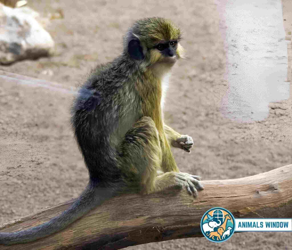 Talapoin Monkey with greenish-grey fur sitting on a fallen log - Small monkey breed